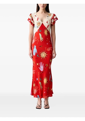 NEVER FULLY DRESSED graphic-print ruffled-sleeve maxi dress - Red