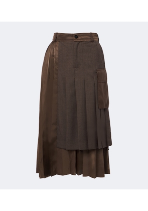 Sacai Layered pleated wool-trimmed midi skirt