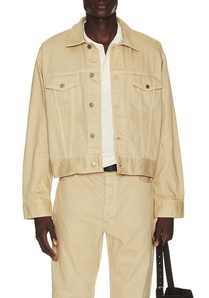 Fear of God ESSENTIALS Classic Denim Jacket in Overdyed Dune - Brown. Size M (also in XS, S, L, XL/1X).