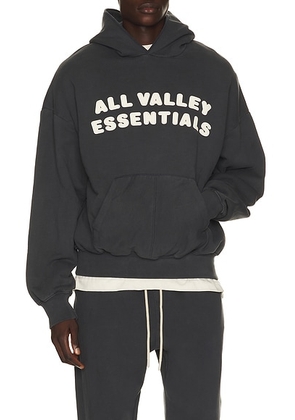 Fear of God ESSENTIALS 90's Hoodie in Washed Iron Grey - Black. Size XS (also in S, M, L, XL/1X, XXL/2X, XXXL/3X).
