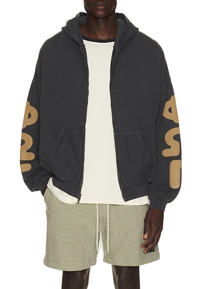 Fear of God ESSENTIALS 90's Zip-Up Hoodie in Washed Iron Grey - Black. Size XL/1X (also in XS, S, M, L, XXL/2X, XXXL/3X).