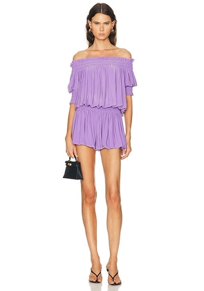Norma Kamali Short Sleeve Peasant Puff Romper in Lavender - Lavender. Size M (also in XS, S, L).