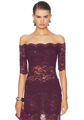 RABANNE Off Shoulder Lace Top in Magenta Purple - Burgundy. Size 40 (also in 34, 38, 42).