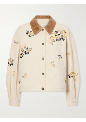 ISABEL MARANT - Lavine Embroidered Leather-trimmed Cotton Jacket - Neutrals - FR 34,FR 36,FR 38,FR 40,FR 42