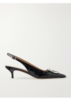Ferragamo - Sara 40 Embellished Croc-effect Leather Slingback Pumps - Black - US5,US6,US6.5,US7,US7.5,US8,US8.5,US9,US9.5,US10,US10.5,US11
