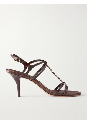 Ferragamo - Tiane 70 Embellished Croc-effect Leather Sandals - Brown - US5,US6,US6.5,US7,US7.5,US8,US8.5,US9,US9.5,US10,US10.5,US11