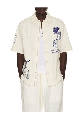 Scotch & Soda Delfts Blauq Worked Out Relaxed Fit Short Sleeved Shirt in Ivory. Size S. Also in M, L, XL/1X, XXL/2X.