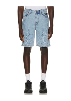 Revenge Spider Web Denim Shorts in Blue. Size 30. Also in .