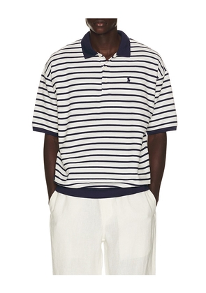 Polo Ralph Lauren Short Sleeve Yarn Dyed Jacquard Textured Interlock Striped Polo in Navy. Size S. Also in M, L, XXL/2X.