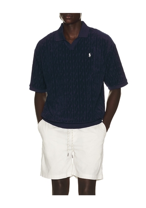 Polo Ralph Lauren Short Sleeve Cable Terry Johnny Collar Polo in Navy. Size S. Also in M, L, XL/1X, XXL/2X.