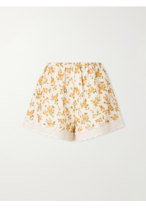 Miguelina - Celestine Floral-print Lace-trimmed Linen Shorts - Orange - x small,small,medium,large