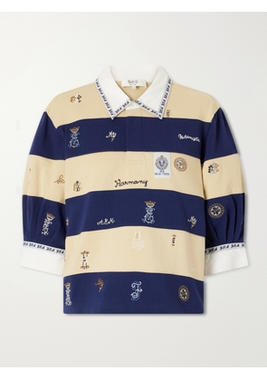 Sea - Juliet Embroidered Striped Cotton-jersey T-shirt - Blue - xx small,x small,small,medium,large,x large