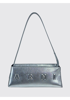 MARNI Museo Laminated Leather Shoulder Bag in Silver with Embossed Logo