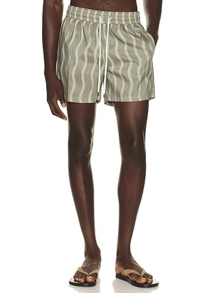 Frescobol Carioca Rio Linen Blend Cabana Wave Swim Short in Palm Green - Green. Size S (also in M, L, XL/1X, XXL/2X).