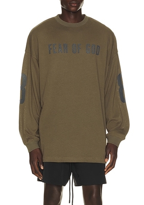 Fear of God ESSENTIALS Merch Long Sleeve Tee in Moss - Green. Size XXL/2X (also in XS, S, M, L, XL/1X, XXXL/3X).