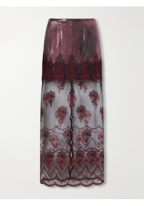 RABANNE - Layered Embroidered Mesh-trimmed Chainmail Maxi Skirt - Purple - FR 34,FR 36,FR 38,FR 40