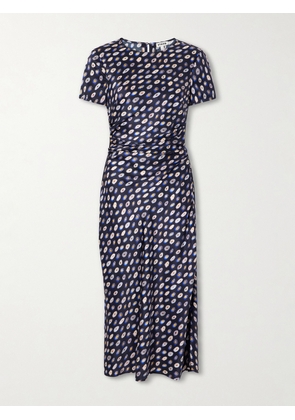 STAUD - Marcel Printed Ruched Silk-blend Satin Midi Dress - Blue - US0,US2,US4,US6,US8,US10,US12