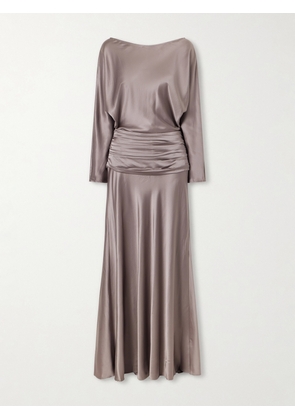 STAUD - Freda Gathered Silk-blend Satin Maxi Dress - Silver - US0,US2,US4,US6,US8,US10,US12