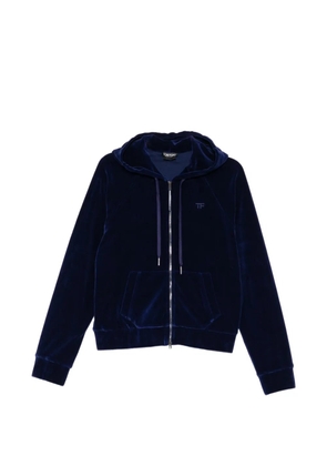 TOM FORD velour tonal TF embroidered zip hoodie - Blue