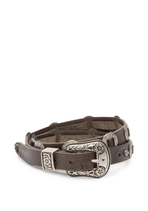 Golden Goose lace belt in washed brown-leather with raised floral-pattern and metal inlays