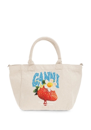 GANNI strawberry-print logo-embroidered tote bag - Neutrals