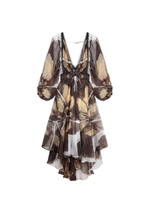 Mes Demoiselles lace-trimmed butterfly-print long dress - Brown