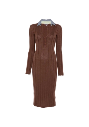 Patrizia Pepe ribbed-knit contrast-collar midi dress - Brown