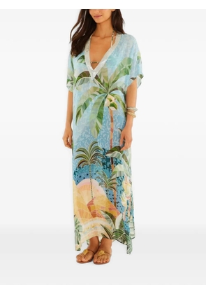 FARM Rio blue embroidered side-slits maxi kimono