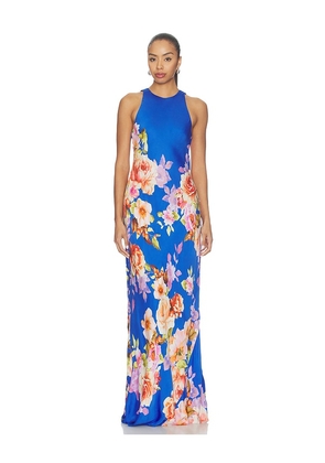 HEMANT AND NANDITA Crew Neck Bias Maxi Dress in Blue. Size L. Also in XXS, XS, S, M, XL.