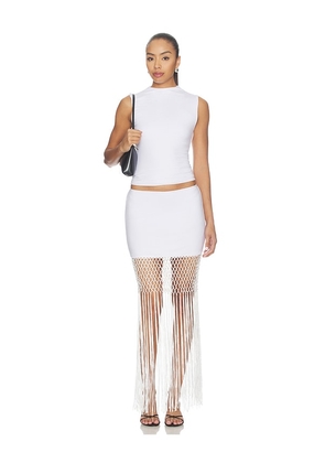 MORE TO COME Nolani Fringe Maxi Skirt Set in White. Size L. Also in XXS, XS, S, M, XL.
