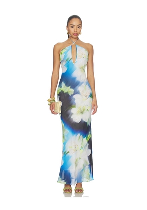 Runaway The Label Mirae Cross Front Maxi Dress in Blue. Size L. Also in XS, S, M, XL.