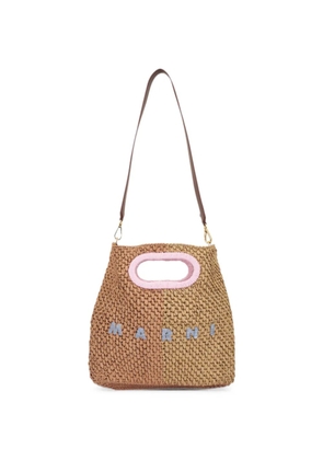 Marni woven-raffia embroidered-logo clutch bag - Brown