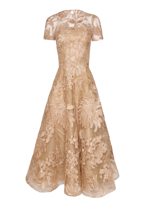 Naeem Khan Floral Raffia Cap Sleeve Midi Dress - Moda Operandi
