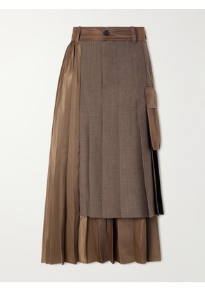 Sacai - Pleated Twill And Shell Midi Skirt - Brown - 0,1,2,3,4