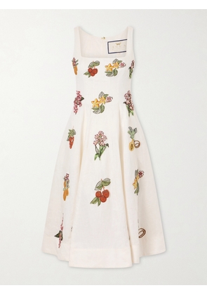 Agua by Agua Bendita - Frontera Embellished Floral-appliqué Linen Midi Dress - Neutrals - x small,small,medium,large,x large