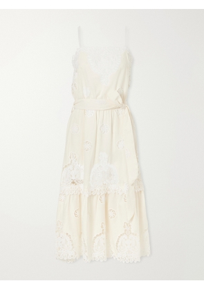 Miguelina - Esme Belted Guipure Lace-trimmed Cotton-blend Midi Dress - Neutrals - x small,small,medium,large