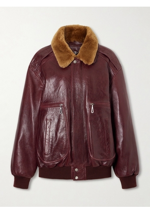 RABANNE - Shearling-trimmed Textured-leather Jacket - Burgundy - FR 34,FR 36,FR 38,FR 40,FR 42,FR 44