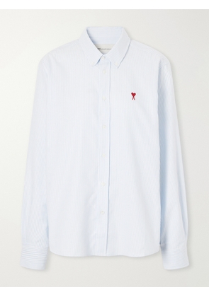 AMI PARIS - Embroidered Striped Cotton Oxford Shirt - Blue - xx small,x small,small,medium,large,x large,xx large