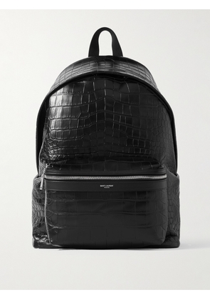 SAINT LAURENT - City Croc-Effect Glossed-Leather Backpack - Men - Black