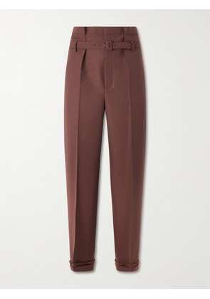 SAINT LAURENT - Tapered Belted Pleated Wool and Mohair-Blend Trousers - Men - Brown - IT 48