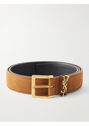 SAINT LAURENT - 3 cm Logo-Embellished Suede Belt - Men - Brown - EU 85