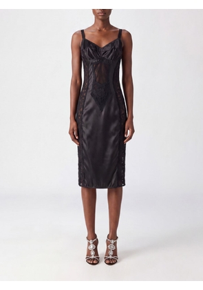 DOLCE & GABBANA V-Neck Midi Slip Dress in Satin with Lace Inserts