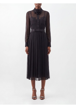 DOLCE & GABBANA Midi Silk Shirt Dress with Ruffle Collar and Waist Belt