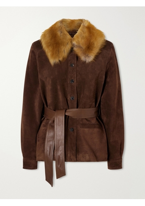 SAINT LAURENT - Belted Shearling And Leather-trimmed Suede Jacket - Brown - FR 34,FR 36,FR 38,FR 40
