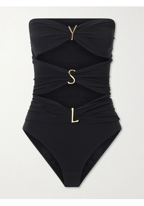 SAINT LAURENT - Strapless Cut-out Gathered Embellished Swimsuit - Black - x small,small,medium,large,x large