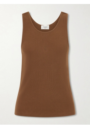 SAINT LAURENT - Cassandre Embroidered Ribbed Cotton-jersey Tank - Brown - x small,small,medium,large,x large