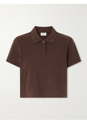 SAINT LAURENT - Cassandre-embroidered Cropped Cotton-piqué Polo Shirt - Brown - x small,small,medium,large,x large