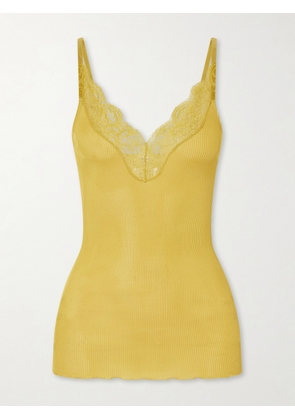 SAINT LAURENT - Lace-trimmed Ribbed Silk-jersey Tank - Yellow - x small,small,medium,large