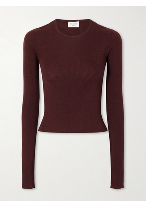 SAINT LAURENT - Ribbed Cashmere, Wool And Silk-blend T-shirt - Burgundy - x small,small,medium,large