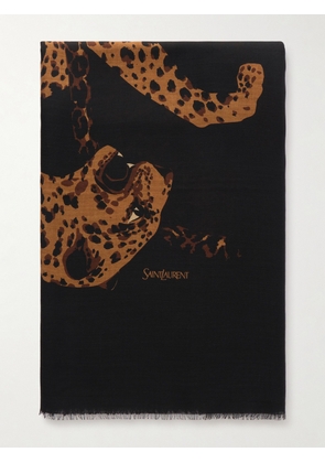SAINT LAURENT - Etolel-leopard Frayed Printed Wool-twill Scarf - Black - One size